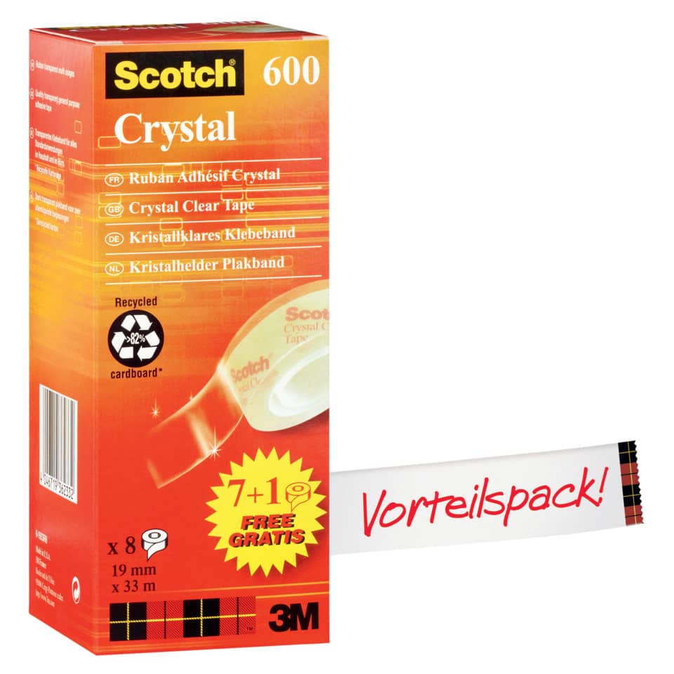 Nastro adesivo Scotch® Crystal 600 supertrasparente 19 mm x 33 mt Value Pack 7+1 GRATIS - 6-1933R8