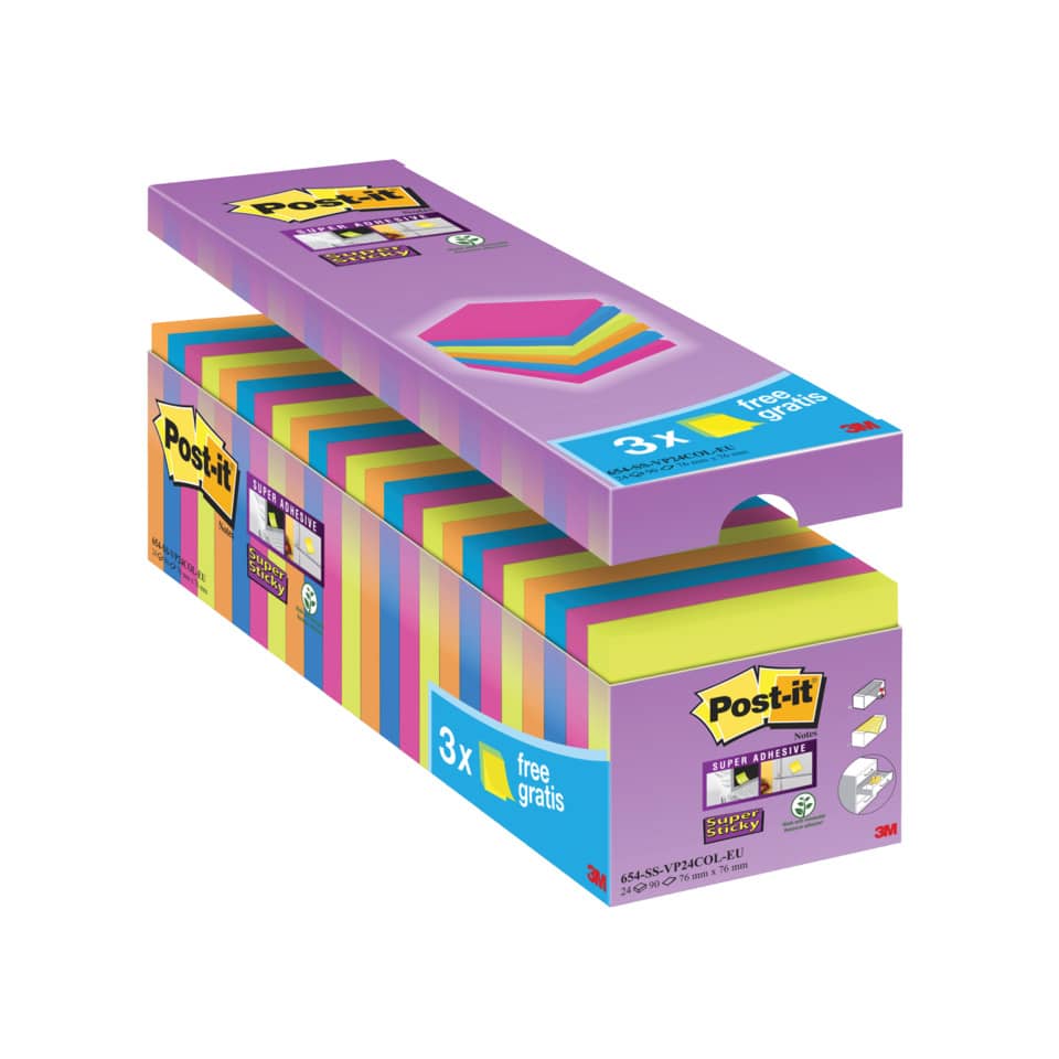 Foglietti Post-it® Super Sticky 76x76 mm colori assortiti neon Value Pack 21+3 blocchetti GRATIS - 654-P24SSCOL-EU