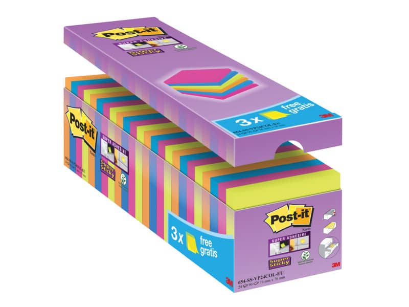 Foglietti Post-it® Super Sticky 76x76 mm colori assortiti neon Value Pack 21+3 blocchetti GRATIS - 654-P24SSCOL-EU