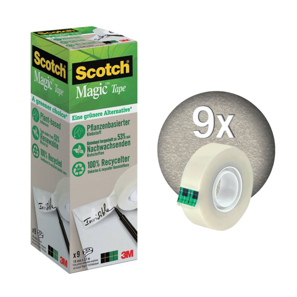 Nastro adesivo Scotch® Magic™ Più Verde 19 mm x 33 m trasparente opaco conf. da 9 rotoli - 900-1933-9