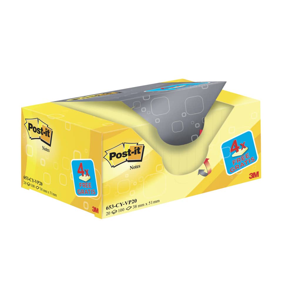 Foglietti riposizionabili Post-it® Notes giallo Canary™ 38x51 mm Value Pack 16+4 blocchetti GRATIS - 653-VP20