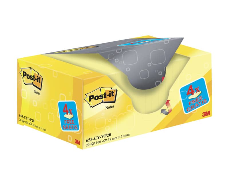 Foglietti riposizionabili Post-it® Notes giallo Canary™ 38x51 mm Value Pack 16+4 blocchetti GRATIS - 653-VP20