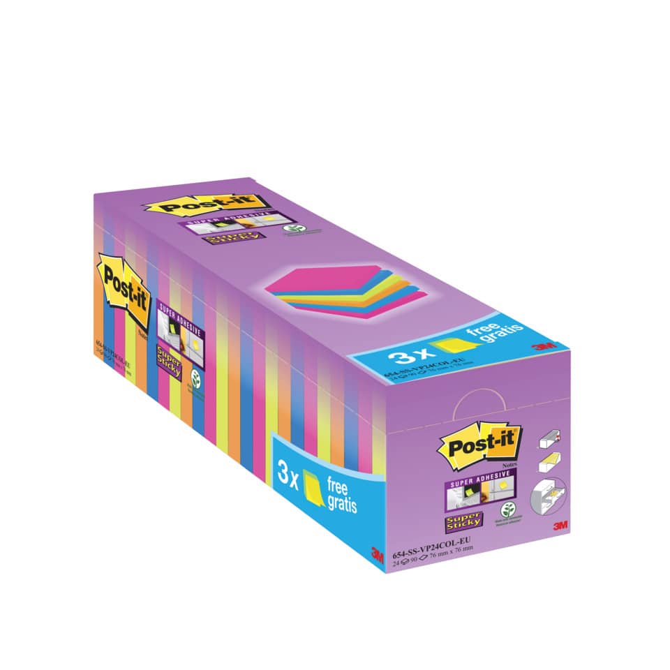 Foglietti Post-it® Super Sticky 76x76 mm colori assortiti neon Value Pack 21+3 blocchetti GRATIS - 654-P24SSCOL-EU