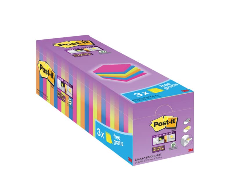 Foglietti Post-it® Super Sticky 76x76 mm colori assortiti neon Value Pack 21+3 blocchetti GRATIS - 654-P24SSCOL-EU