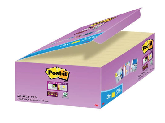 Foglietti Post-it® Super Sticky Giallo Canary™ conf. 21 blocchetti + 3 gratis da 90 ff - 622SSCY-VP24