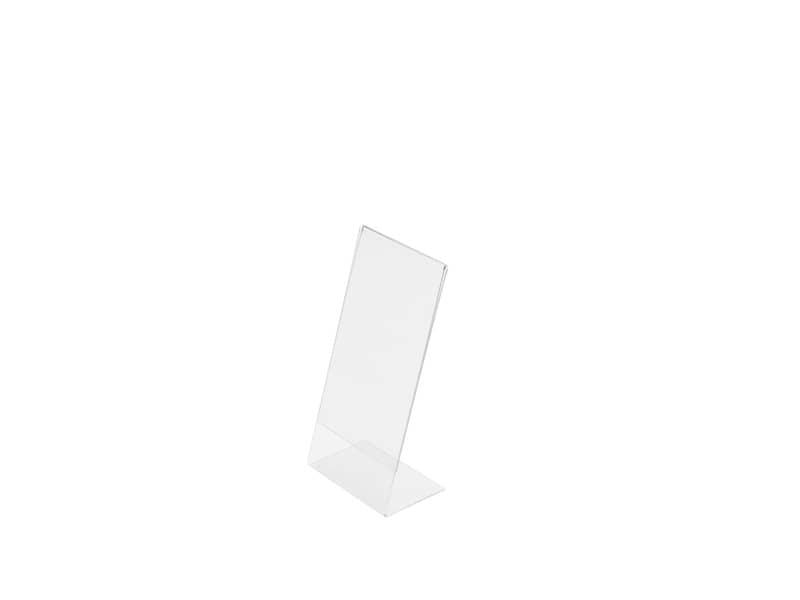 Porta-avvisi deflecto® 1/3 di A4 verticale in polistirolo inclincato con base a L trasparente - 45201