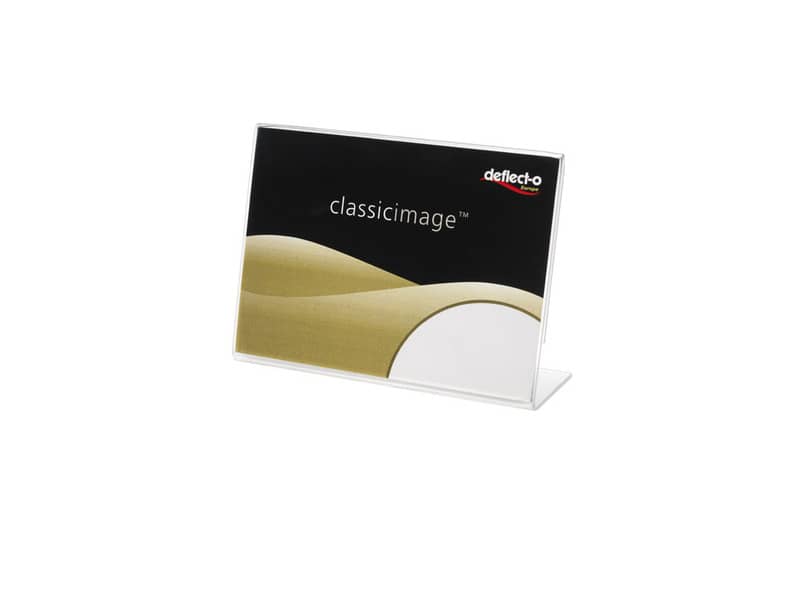 Porta-avvisi deflecto® A9 orizzontale in polistirene con base a L trasparente 480101