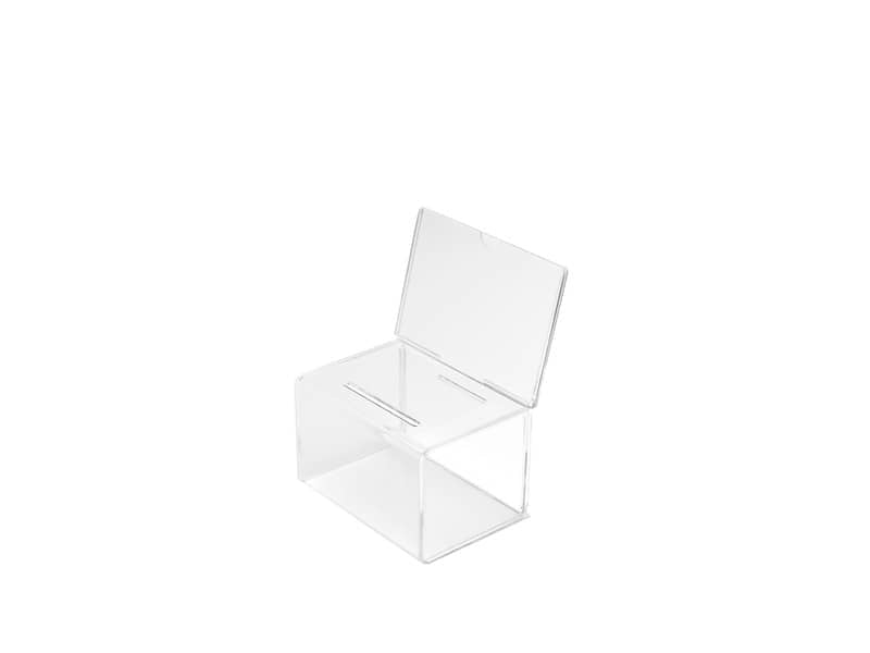 Urna con testata da personalizzare deflecto® 16,5x13,5x10,5 cm in polimetilmetacrilato trasparente 592901