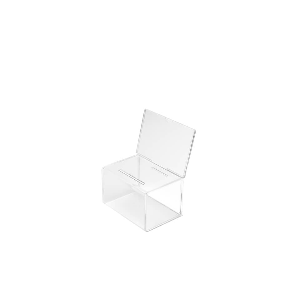 Urna con testata da personalizzare deflecto® 16,5x13,5x10,5 cm in polimetilmetacrilato trasparente 592901