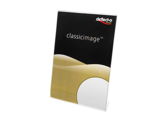 Porta-avvisi deflecto® A5 verticale in polistirene con base a L trasparente 47501