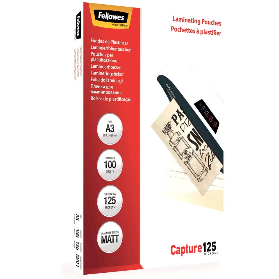 Pouches per plastificatrici Fellowes Standard Capture125 finitura opaca - 2x125 µm - A3 - Conf. 100 pezzi 5328601