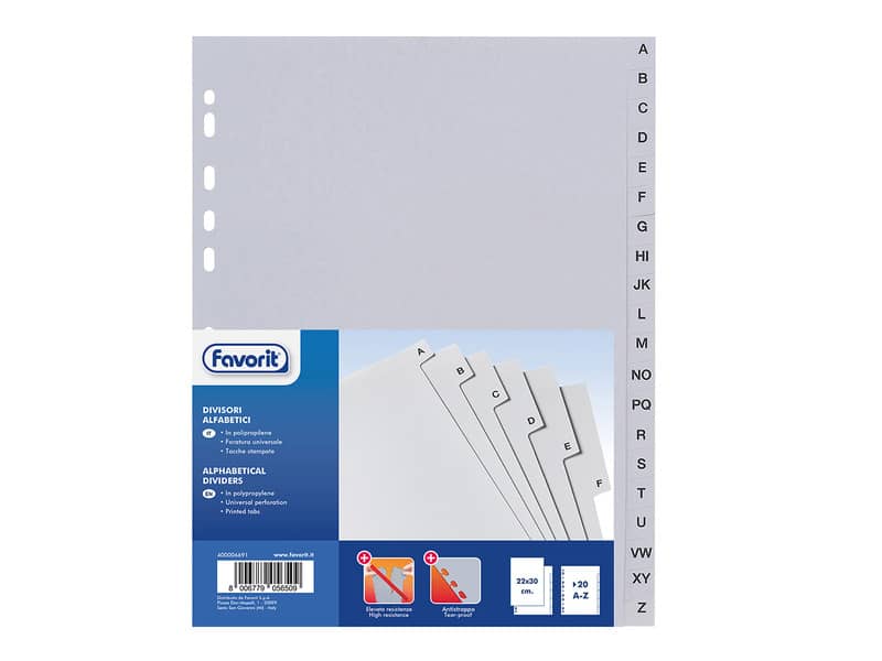 Divisore alfabetico Favorit 20 tacche A-Z 21x29,7 cm grigio 400006681