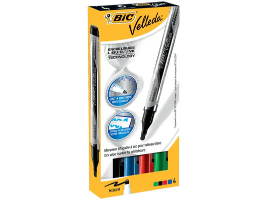 Marcatori per lavagne bianche BIC Velleda Liquid Ink Pocket punta conica 4,2 mm assortiti  astuccio da 4 - 902094