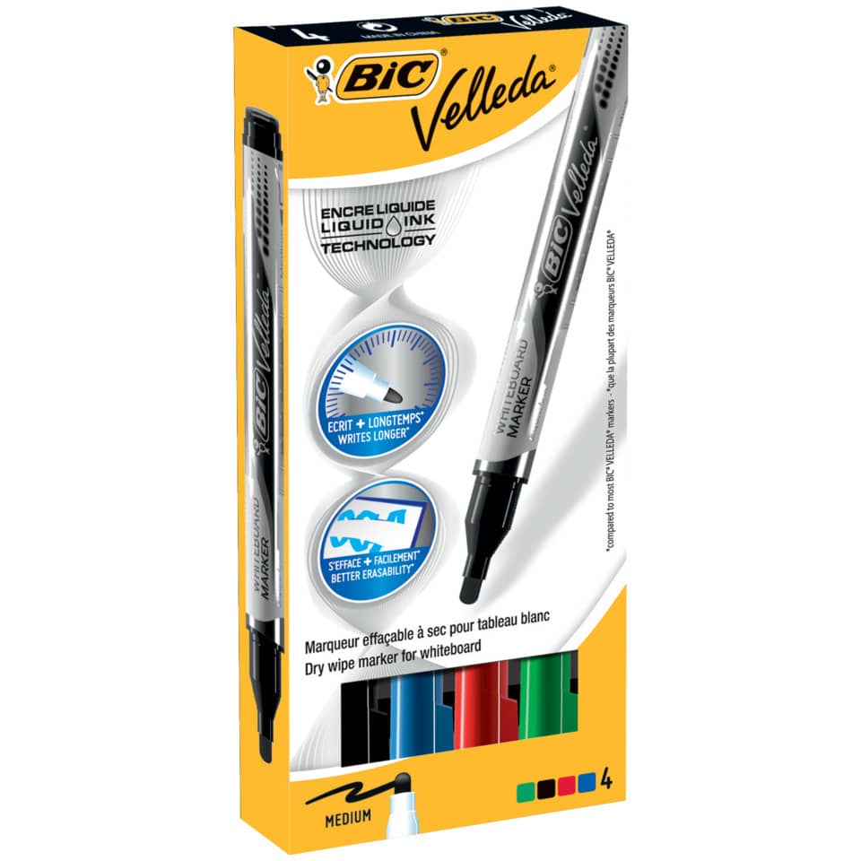 Marcatori per lavagne bianche BIC Velleda Liquid Ink Pocket punta conica 4,2 mm assortiti  astuccio da 4 - 902094