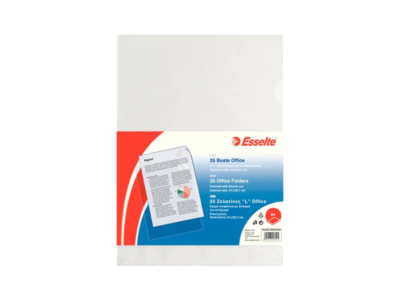 Buste a L non perforate Esselte OFFICE PP antiriflesso trasparente A4 goffrate conf.25 - 392581200