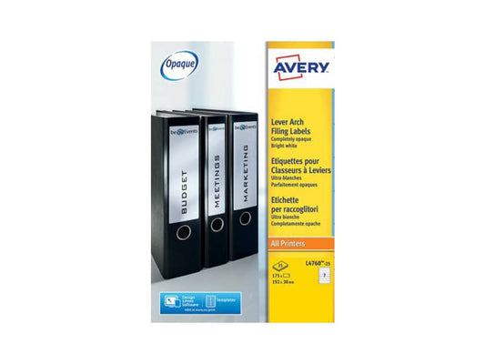 Etichette bianche per raccoglitori Avery Ultragrip™ 38x192 mm - 7 et/foglio - stampanti laser - Conf 25 fogli L4760-25