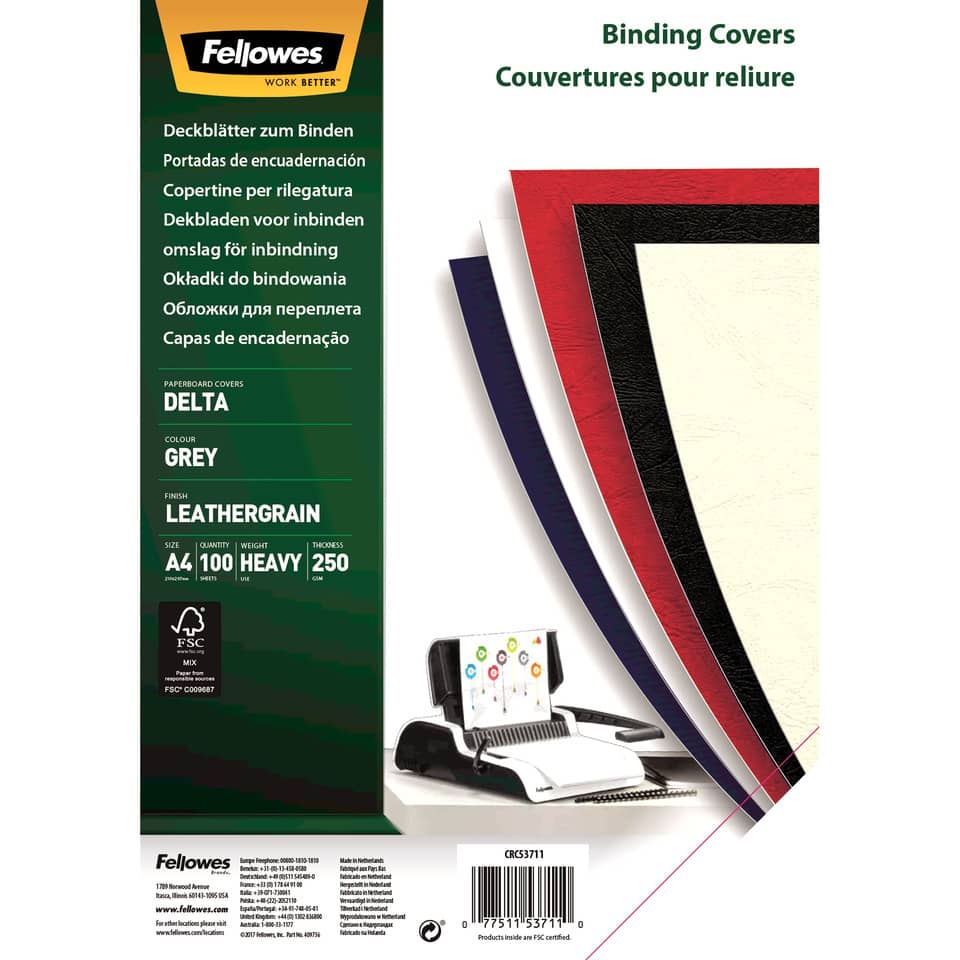 Copertine per rilegatura FELLOWES Delta goffrate cartoncino grigio A4 250 g/m² conf. 100 pezzi - 5371103