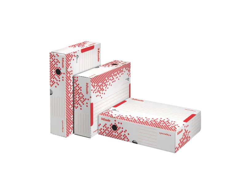 Scatola archivio Esselte SPEEDBOX dorso 8 cm bianco/rosso 8x25x35 cm - apertura ampia - 623910