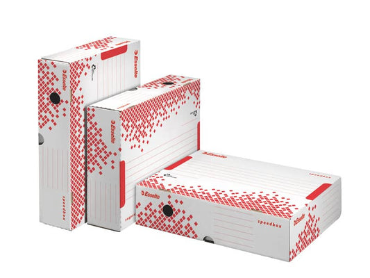 Scatola archivio Esselte SPEEDBOX dorso 8 cm bianco/rosso 8x25x35 cm - apertura ampia - 623910