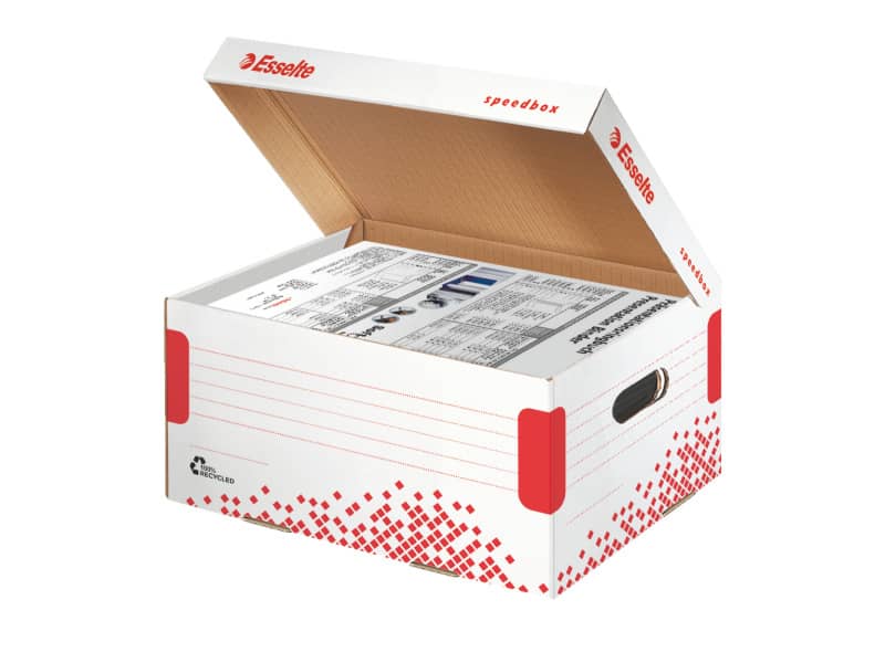 Scatola archivio Esselte SPEEDBOX con coperchio integrato bianco/rosso 25,2x19,3x35,5 cm - 623911