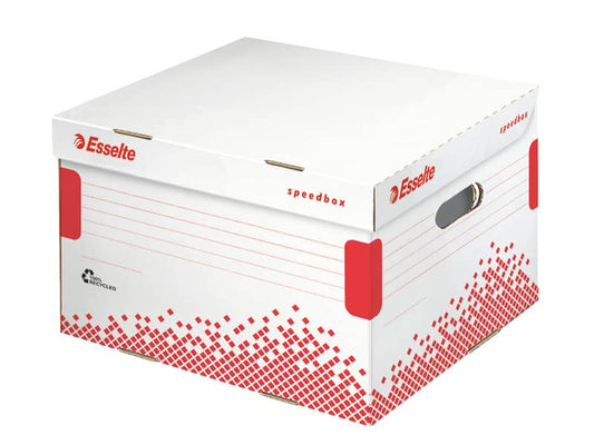Scatola archivio Esselte SPEEDBOX con coperchio integrato bianco/rosso 32,5x26,3x36,7 cm - 623912