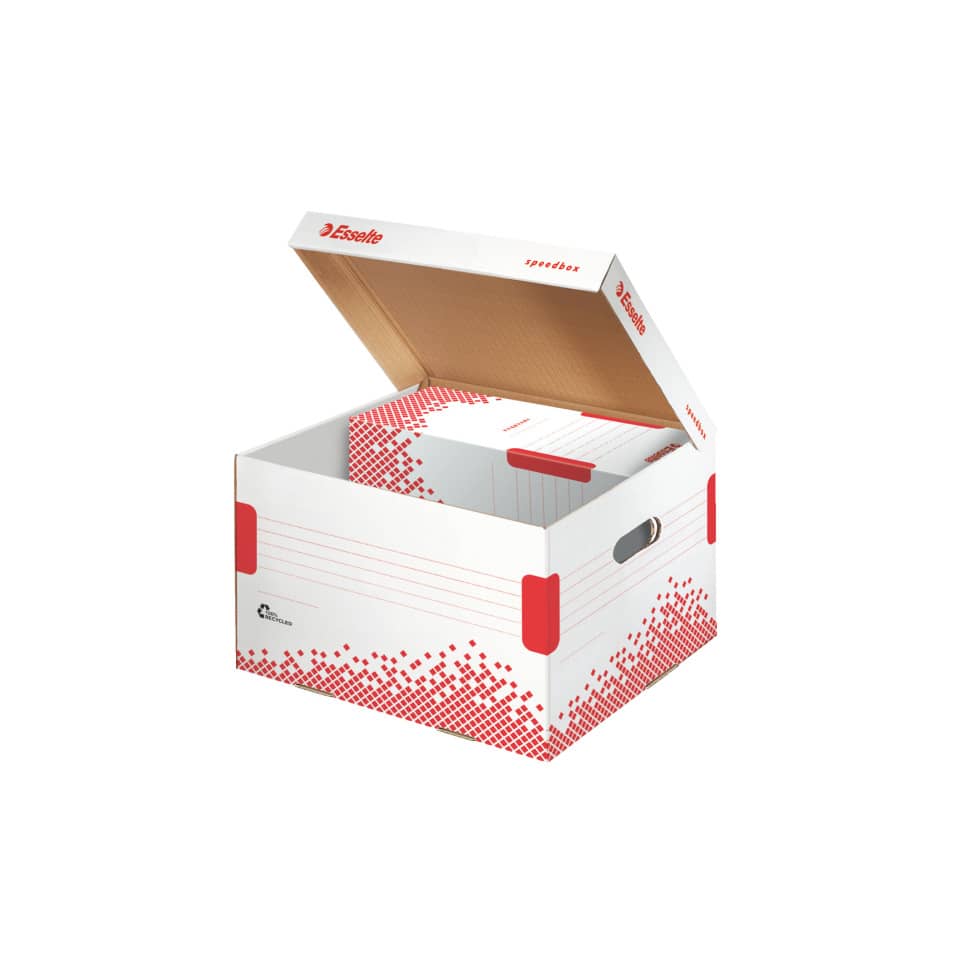 Scatola archivio Esselte SPEEDBOX con coperchio integrato bianco/rosso 32,5x26,3x36,7 cm - 623912