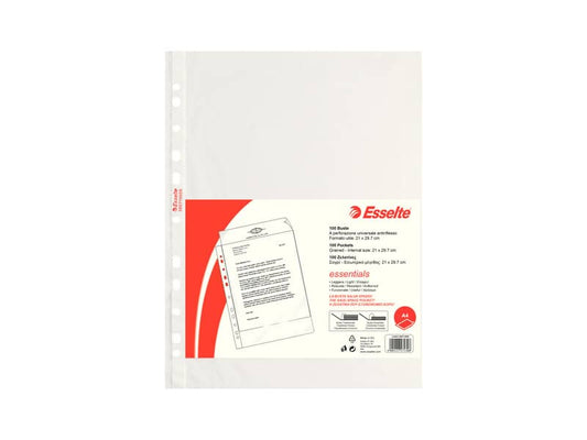 Buste a perforazione universale goffrate Esselte ESSENTIALS PP antiriflesso trasparente A4  conf.100 - 392713000