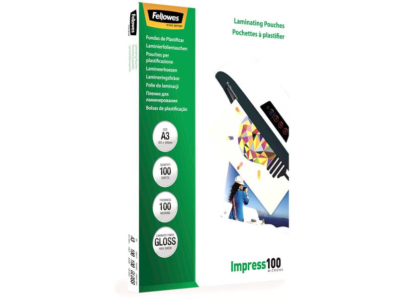 Pouches per plastificatrici Fellowes Standard Impress100 finitura lucida - 2x100 µm - A3 - Conf. 100 pezzi 5351205