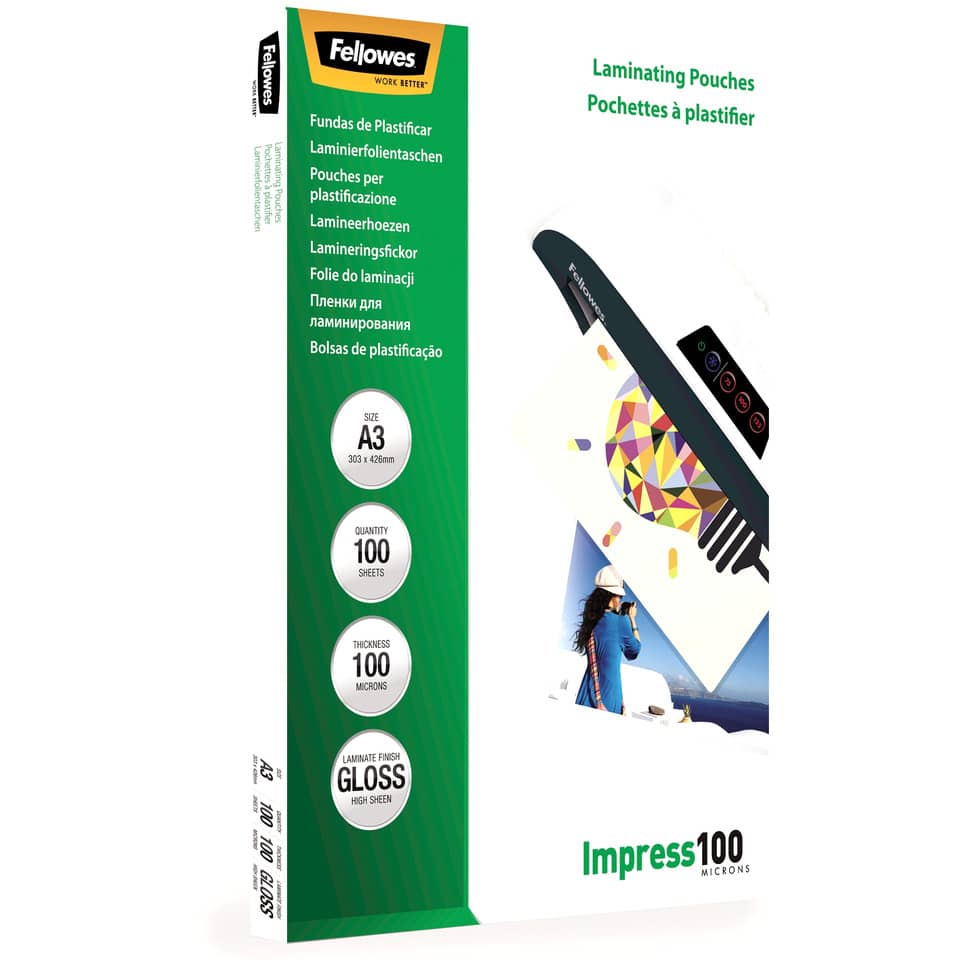 Pouches per plastificatrici Fellowes Standard Impress100 finitura lucida - 2x100 µm - A3 - Conf. 100 pezzi 5351205