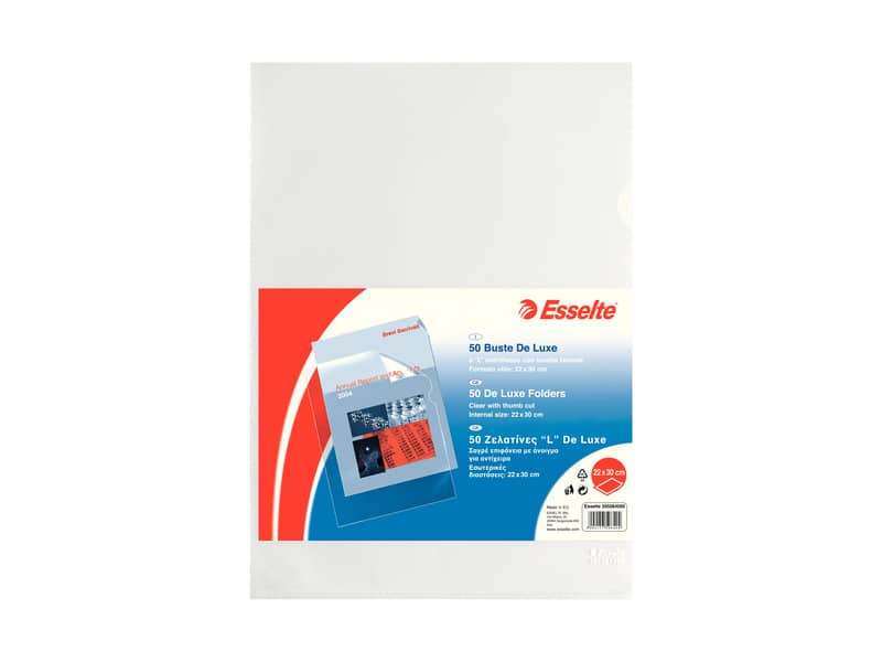 Buste a L non perforate Esselte DE LUXE 22x30 cm trasparente antiriflesso goffrata - conf.50 - 395084000