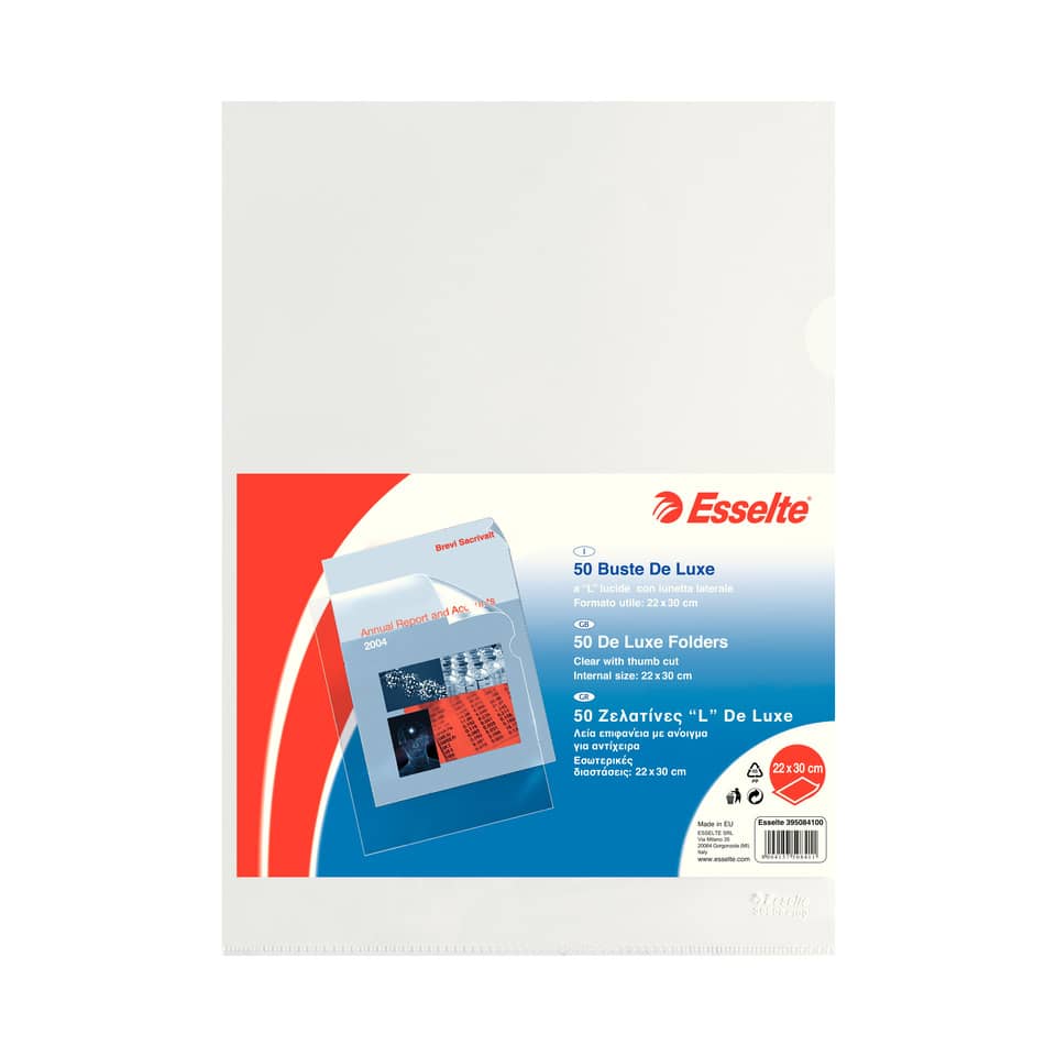 Buste a L non perforate Esselte DE LUXE PP lucido trasparente 22x30 cm liscia conf.50 - 395084100