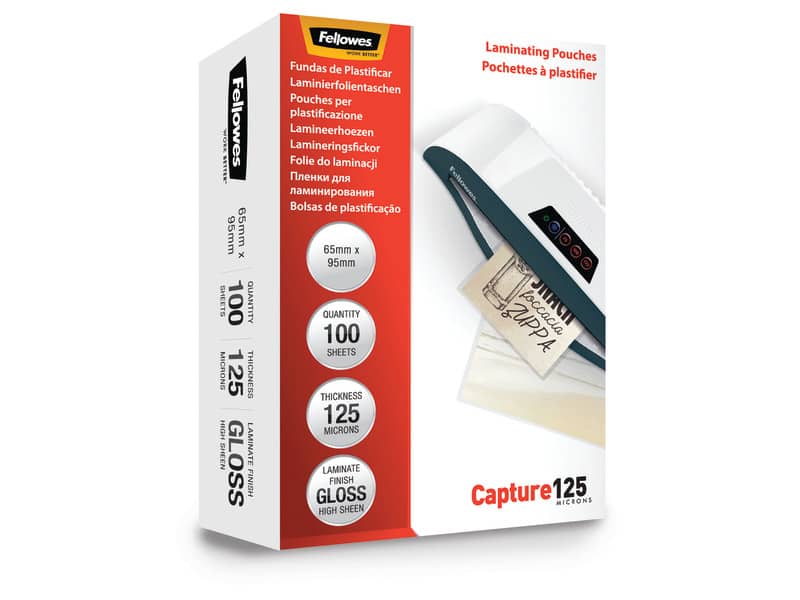 Pouches per plastificatrici Fellowes Standard Capture125 finitura lucida - 2x125 µm 65x95 mm Conf. 100 pz - 5306702