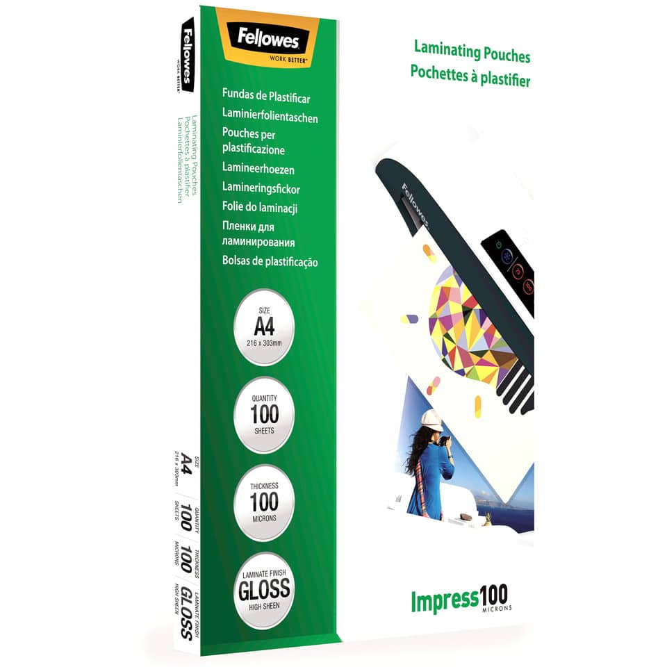 Pouches per plastificatrici Fellowes Standard Impress100 finitura lucida - 2x100 µm - A4 - Conf. 100 pezzi 5351111