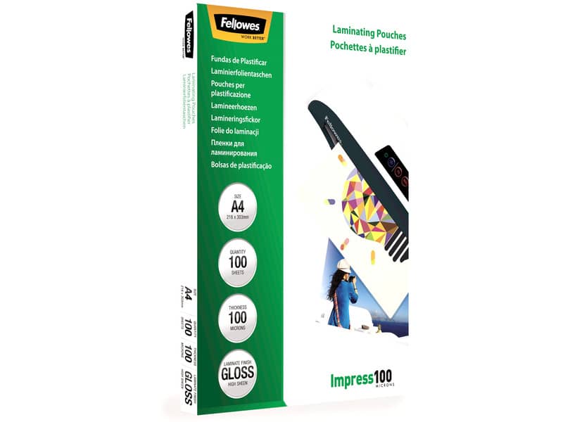 Pouches per plastificatrici Fellowes Standard Impress100 finitura lucida - 2x100 µm - A4 - Conf. 100 pezzi 5351111