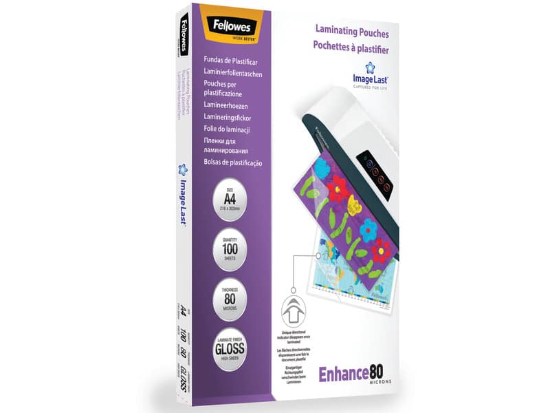 Pouches per plastificatrici Fellowes ImageLast Enhance80 finitura lucida - 2x80 µm - A4 - Conf. 100 pezzi - 5306114