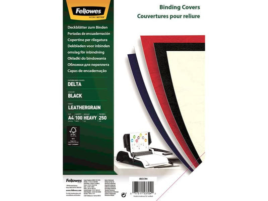 Copertine per rilegatrici FELLOWES Delta goffrate cartoncino nero A4 250 g/m² conf. 100 pezzi - 5370405