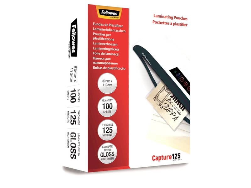 Pouches per plastificatrici Fellowes Standard Capture125 finitura lucida - 2x125 µm 83x113 mm Conf. 100 pz 5307101