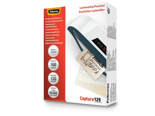 Pouches per plastificatrici Fellowes Standard Capture125 finitura lucida - 2x125 µm 75x105 mm Conf. 100 pz 5306901