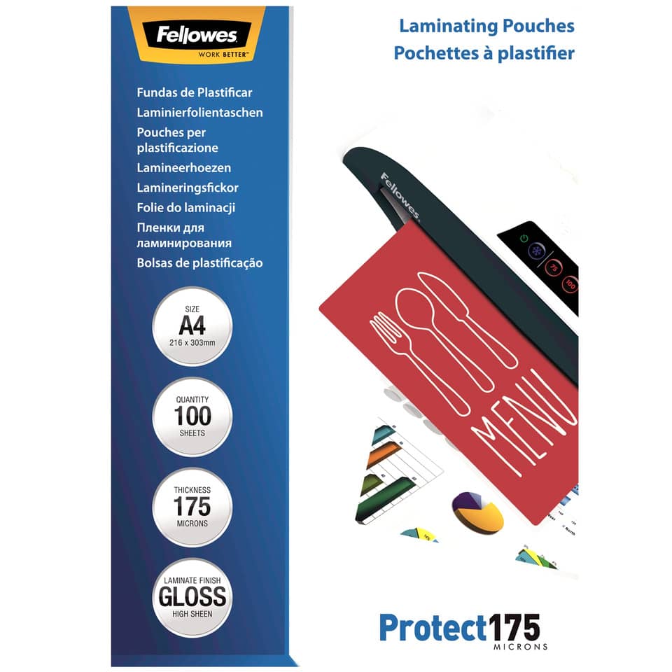 Pouches per plastificatrici Fellowes Standard Protect175 finitura lucida - 2x175 µm - A4 - Conf. 100 pezzi 5308703