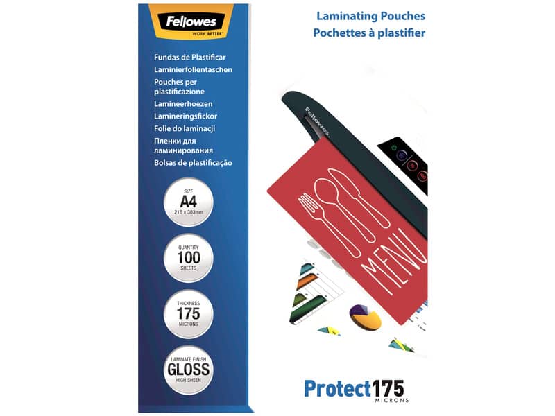 Pouches per plastificatrici Fellowes Standard Protect175 finitura lucida - 2x175 µm - A4 - Conf. 100 pezzi 5308703