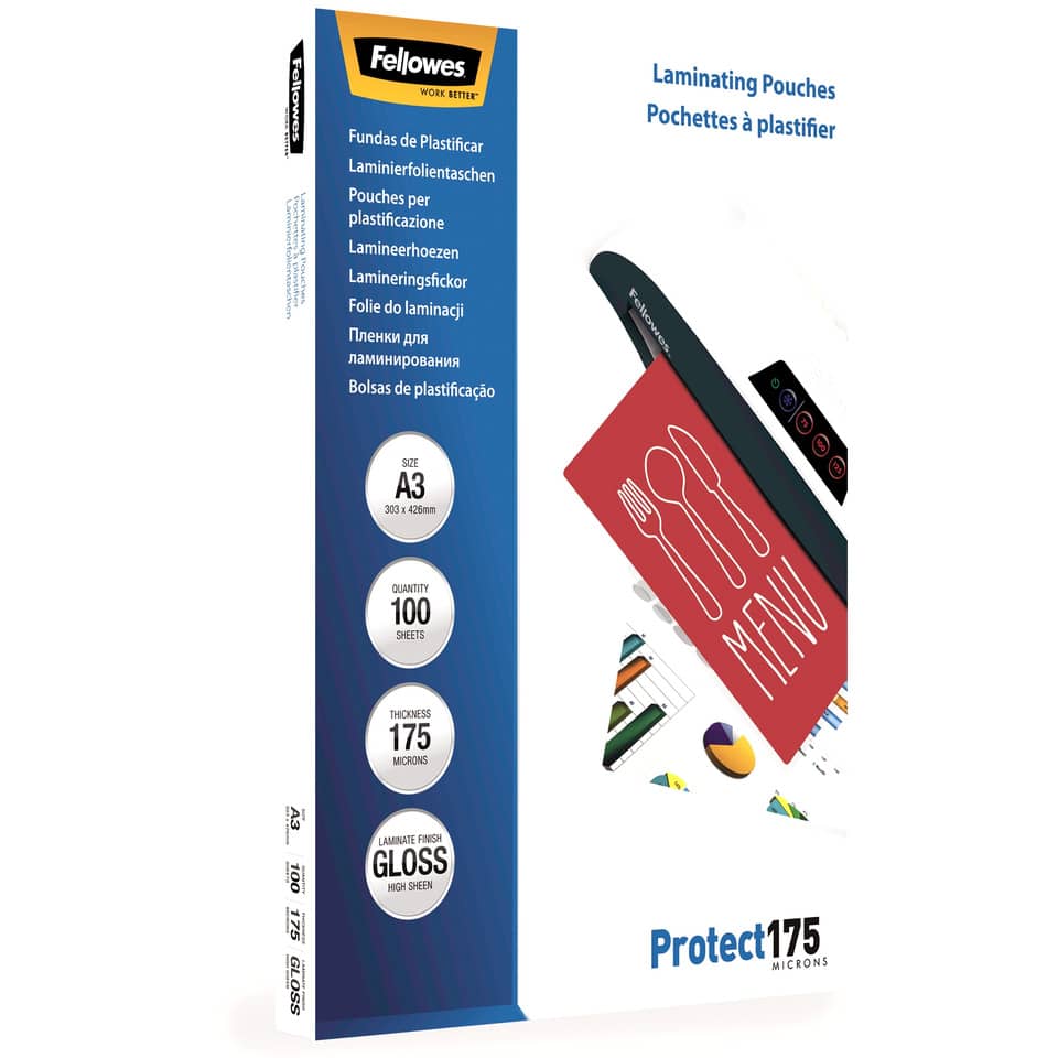 Pouches per plastificatrici Fellowes Standard Protect175 finitura lucida - 2x175 µm - A3 - Conf. 100 pezzi 5308803