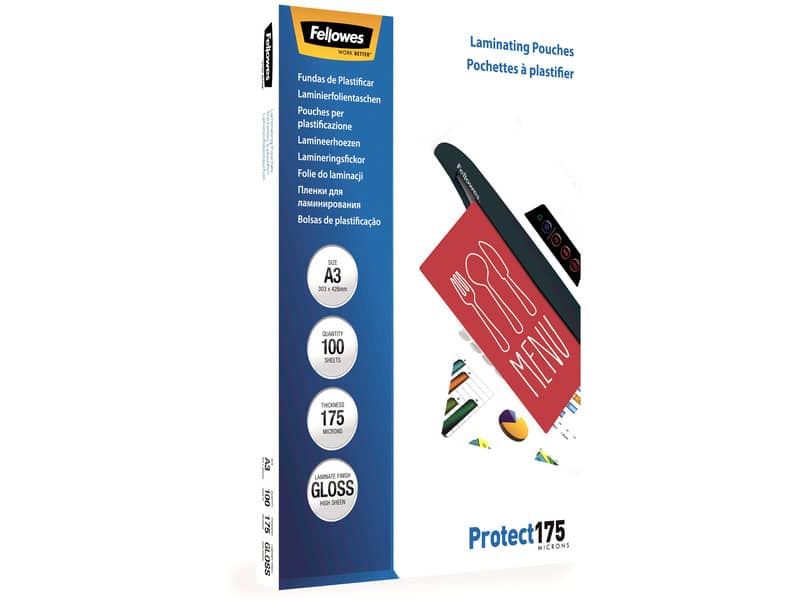 Pouches per plastificatrici Fellowes Standard Protect175 finitura lucida - 2x175 µm - A3 - Conf. 100 pezzi 5308803