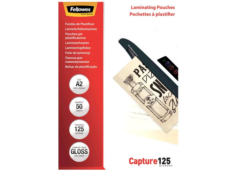 Pouches per plastificatrici Fellowes Standard Capture125 finitura lucida - 2x125 µm - A2 - Conf. 50 pz - 5309302