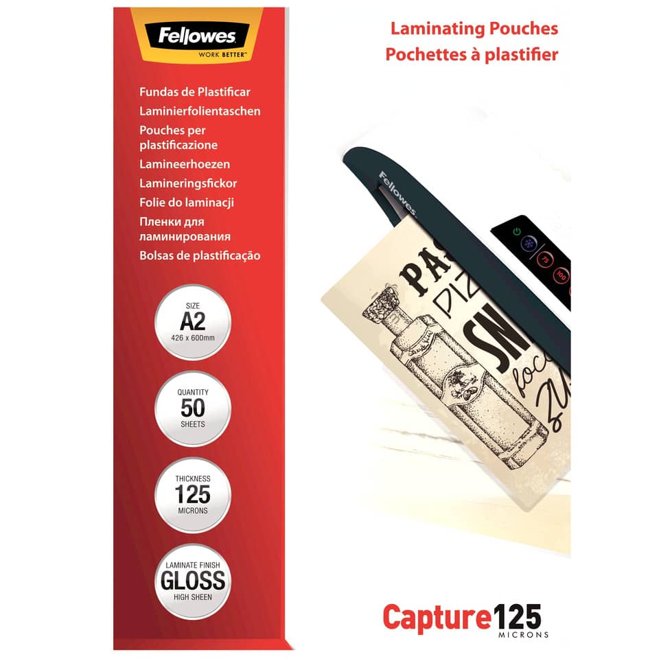 Pouches per plastificatrici Fellowes Standard Capture125 finitura lucida - 2x125 µm - A2 - Conf. 50 pz - 5309302