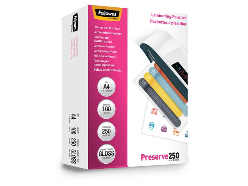 Pouches per plastificatrici Fellowes Standard Preserve250 finitura lucida - 2x250 µm - A4 - Conf. 100 pezzi 5401802