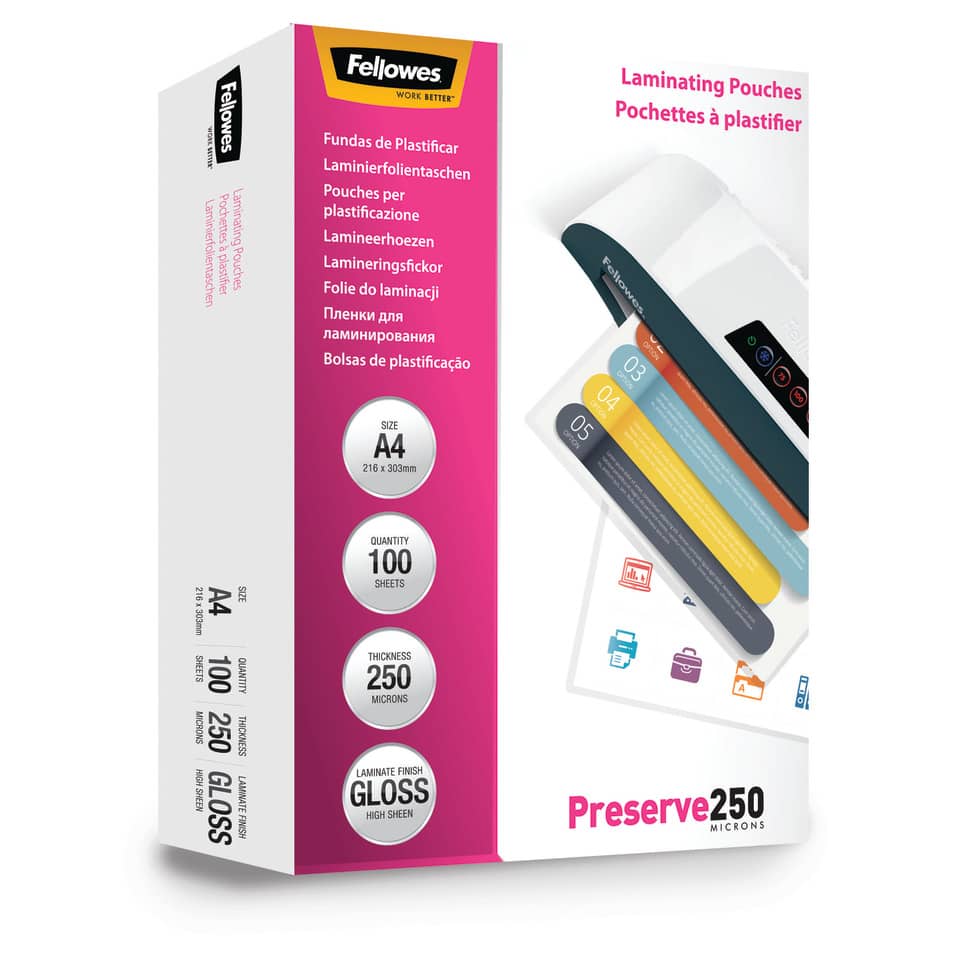 Pouches per plastificatrici Fellowes Standard Preserve250 finitura lucida - 2x250 µm - A4 - Conf. 100 pezzi 5401802