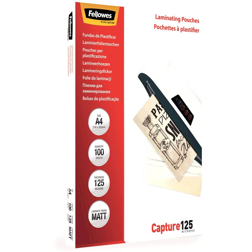 Pouches per plastificatrici Fellowes Standard Capture125 finitura opaca - 2x125 µm - A4 - Conf. 100 pezzi 5328502