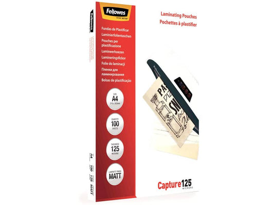Pouches per plastificatrici Fellowes Standard Capture125 finitura opaca - 2x125 µm - A4 - Conf. 100 pezzi 5328502
