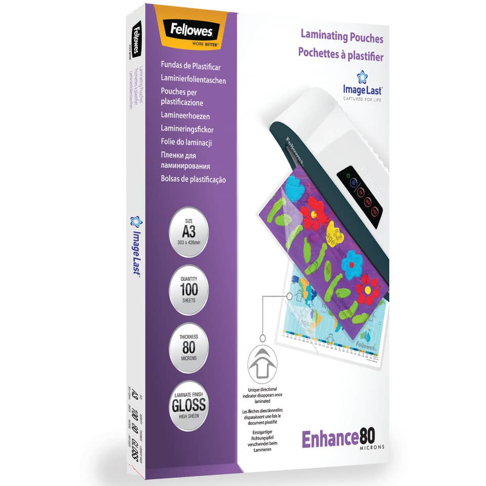 Pouches per plastificatrici Fellowes ImageLast Enhance80 finitura lucida - 2x80 µm - A3 - Conf. 100 pezzi - 5306207