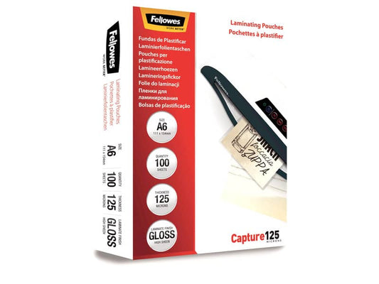 Pouches per plastificatrici Fellowes Standard Capture125 finitura lucida - 2x125 µm - A6 - Conf. 100 pezzi 5307201